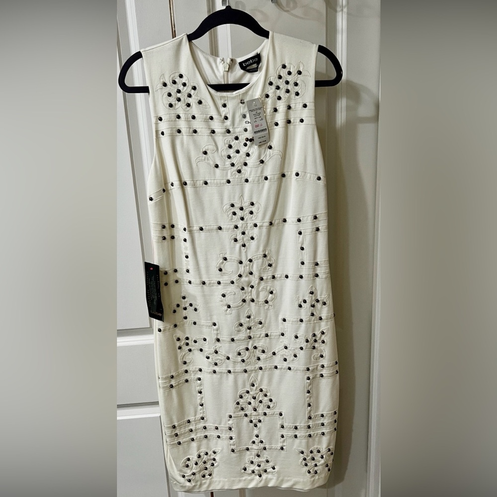 Bebe Embellished Cream Midi Dress NWT Size L – Studded Ponte Sheath